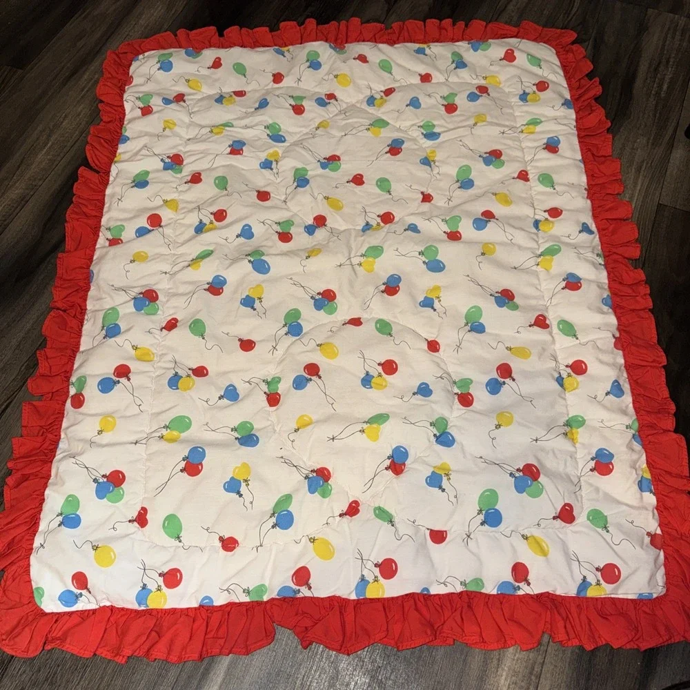 VTG Carters Baby Blanket Balloons Red Ruffle Comforter & Receiving Blanket